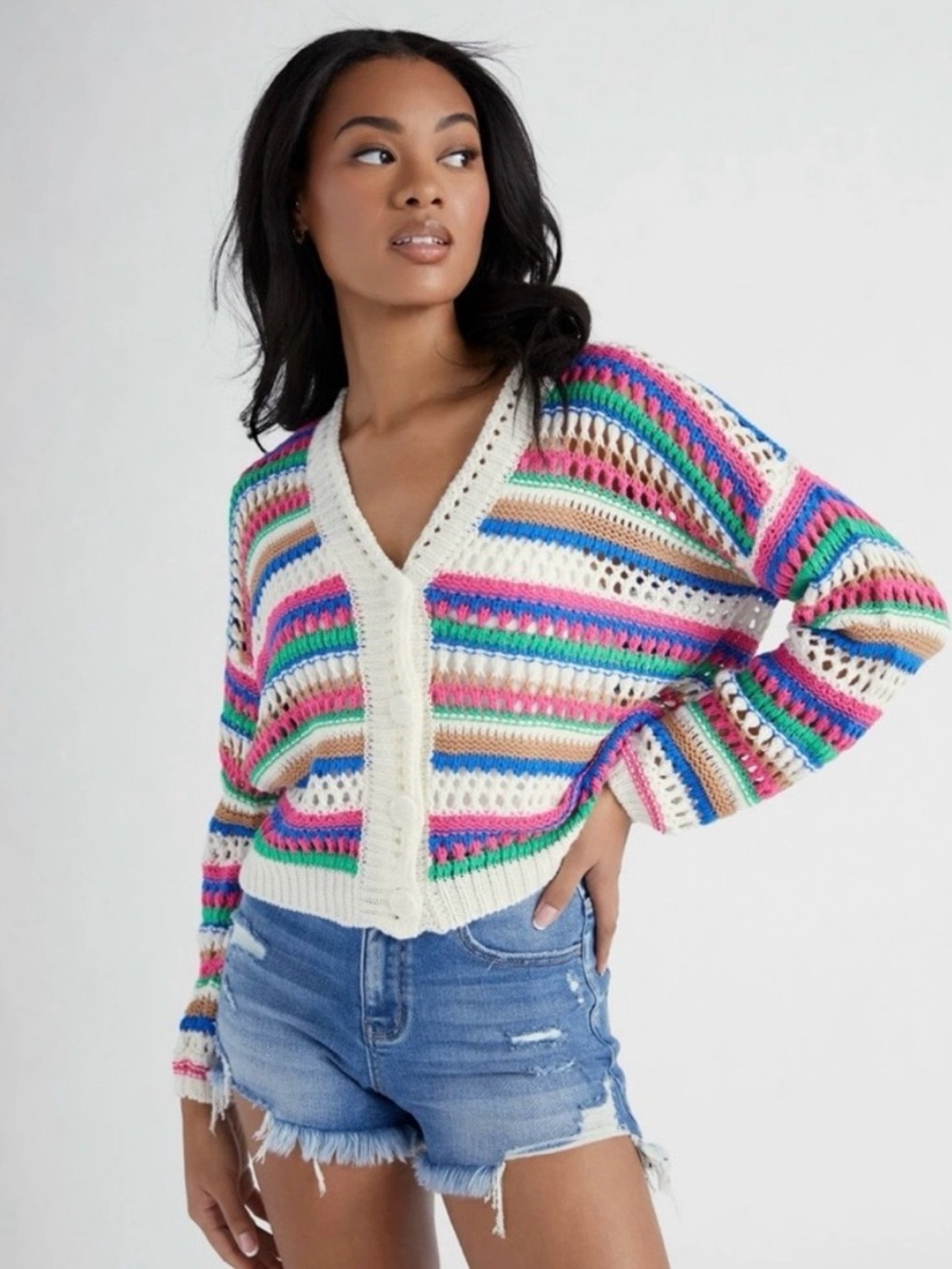 Vigoss Multicolor Striped Open-Knit V-Neck Cardigan